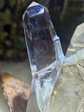 Load image into Gallery viewer, Polished Clear Quartz Cluster (Blue Needle Incl) on Wood Stand