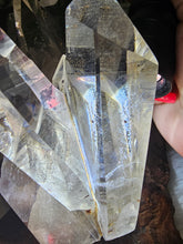 Load image into Gallery viewer, Polished Clear Quartz Cluster (Blue Needle Incl) on Wood Stand