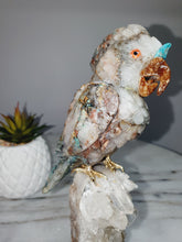 Load image into Gallery viewer, Peruvian Quantum Quartz (Chrysocolla in Quartz) Cockatoo on Clear Quartz Cluster Base