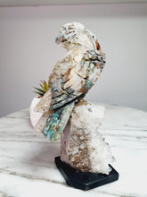 Load image into Gallery viewer, Peruvian Quantum Quartz (Chrysocolla in Quartz) Cockatoo on Clear Quartz Cluster Base