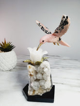 Load image into Gallery viewer, Peruvian Rhodanite Hummingbird on Quartz Cluster Base On White Jade Flower with Serpantine Leaves