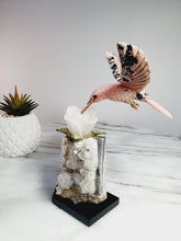 Load image into Gallery viewer, Peruvian Rhodanite Hummingbird on Quartz Cluster Base On White Jade Flower with Serpantine Leaves