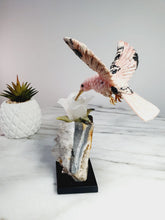 Load image into Gallery viewer, Peruvian Rhodanite Hummingbird on Quartz Cluster Base On White Jade Flower with Serpantine Leaves