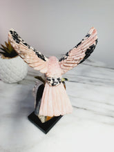 Load image into Gallery viewer, Peruvian Rhodanite Hummingbird on Quartz Cluster Base On White Jade Flower with Serpantine Leaves