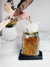 Load image into Gallery viewer, Peruvian Rhodanite Hummingbird on Quartz Cluster Base On White Jade Flower with Serpantine Leaves