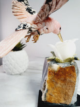 Load image into Gallery viewer, Peruvian Rhodanite Hummingbird on Quartz Cluster Base On White Jade Flower with Serpantine Leaves