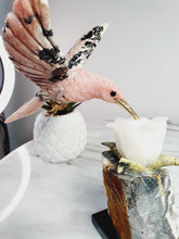 Load image into Gallery viewer, Peruvian Rhodanite Hummingbird on Quartz Cluster Base On White Jade Flower with Serpantine Leaves
