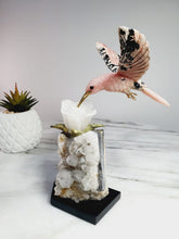 Load image into Gallery viewer, Peruvian Rhodanite Hummingbird on Quartz Cluster Base On White Jade Flower with Serpantine Leaves