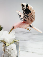 Load image into Gallery viewer, Peruvian Rhodanite Hummingbird on Quartz Cluster Base On White Jade Flower with Serpantine Leaves