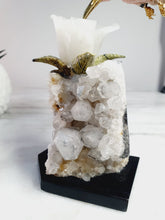 Load image into Gallery viewer, Peruvian Rhodanite Hummingbird on Quartz Cluster Base On White Jade Flower with Serpantine Leaves