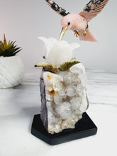 Load image into Gallery viewer, Peruvian Rhodanite Hummingbird on Quartz Cluster Base On White Jade Flower with Serpantine Leaves