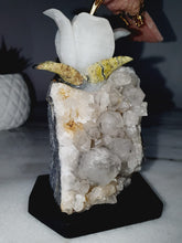 Load image into Gallery viewer, Peruvian Rhodanite Hummingbird on Quartz Cluster Base On White Jade Flower with Serpantine Leaves