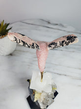 Load image into Gallery viewer, Peruvian Rhodanite Hummingbird on Quartz Cluster Base On White Jade Flower with Serpantine Leaves