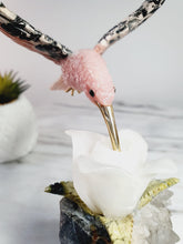 Load image into Gallery viewer, Peruvian Rhodanite Hummingbird on Quartz Cluster Base On White Jade Flower with Serpantine Leaves