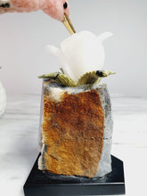Load image into Gallery viewer, Peruvian Rhodanite Hummingbird on Quartz Cluster Base On White Jade Flower with Serpantine Leaves