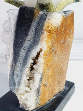 Load image into Gallery viewer, Peruvian Rhodanite Hummingbird on Quartz Cluster Base On White Jade Flower with Serpantine Leaves