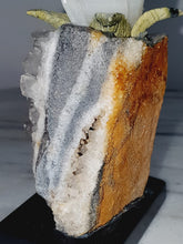 Load image into Gallery viewer, Peruvian Rhodanite Hummingbird on Quartz Cluster Base On White Jade Flower with Serpantine Leaves