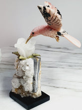 Load image into Gallery viewer, Peruvian Rhodanite Hummingbird on Quartz Cluster Base On White Jade Flower with Serpantine Leaves