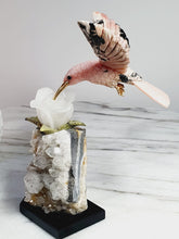 Load image into Gallery viewer, Peruvian Rhodanite Hummingbird on Quartz Cluster Base On White Jade Flower with Serpantine Leaves