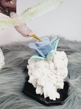Load image into Gallery viewer, Peruvian Hand Carved Rose Quartz/ Blue Opal/ Mookaite Hummingbird on Angelite/ Turquoise Flower Stillbite Base