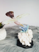 Load image into Gallery viewer, Peruvian Hand Carved Rose Quartz/ Blue Opal/ Mookaite Hummingbird on Angelite/ Turquoise Flower Stillbite Base