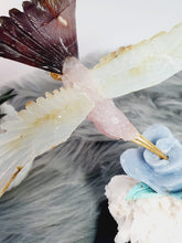 Load image into Gallery viewer, Peruvian Hand Carved Rose Quartz/ Blue Opal/ Mookaite Hummingbird on Angelite/ Turquoise Flower Stillbite Base