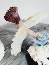 Load image into Gallery viewer, Peruvian Hand Carved Rose Quartz/ Blue Opal/ Mookaite Hummingbird on Angelite/ Turquoise Flower Stillbite Base