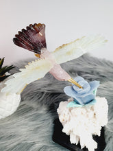 Load image into Gallery viewer, Peruvian Hand Carved Rose Quartz/ Blue Opal/ Mookaite Hummingbird on Angelite/ Turquoise Flower Stillbite Base