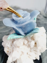 Load image into Gallery viewer, Peruvian Hand Carved Rose Quartz/ Blue Opal/ Mookaite Hummingbird on Angelite/ Turquoise Flower Stillbite Base