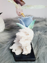 Load image into Gallery viewer, Peruvian Hand Carved Rose Quartz/ Blue Opal/ Mookaite Hummingbird on Angelite/ Turquoise Flower Stillbite Base