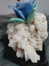 Load image into Gallery viewer, Peruvian Hand Carved Rose Quartz/ Blue Opal/ Mookaite Hummingbird on Angelite/ Turquoise Flower Stillbite Base