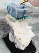 Load image into Gallery viewer, Peruvian Hand Carved Rose Quartz/ Blue Opal/ Mookaite Hummingbird on Angelite/ Turquoise Flower Stillbite Base