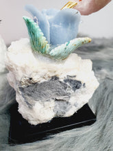 Load image into Gallery viewer, Peruvian Hand Carved Rose Quartz/ Blue Opal/ Mookaite Hummingbird on Angelite/ Turquoise Flower Stillbite Base