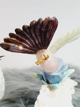 Load image into Gallery viewer, Peruvian Hand Carved Rose Quartz/ Blue Opal/ Mookaite Hummingbird on Angelite/ Turquoise Flower Stillbite Base