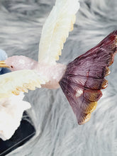 Load image into Gallery viewer, Peruvian Hand Carved Rose Quartz/ Blue Opal/ Mookaite Hummingbird on Angelite/ Turquoise Flower Stillbite Base