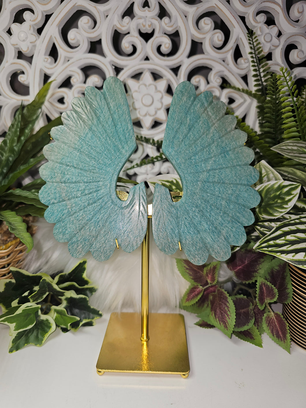 Amazonite Peacock Wings on Gold Stand