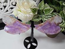 Load image into Gallery viewer, Banded Agate Amethyst Dragon Fly wings on stand
