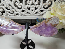 Load image into Gallery viewer, Banded Agate Amethyst Dragon Fly wings on stand
