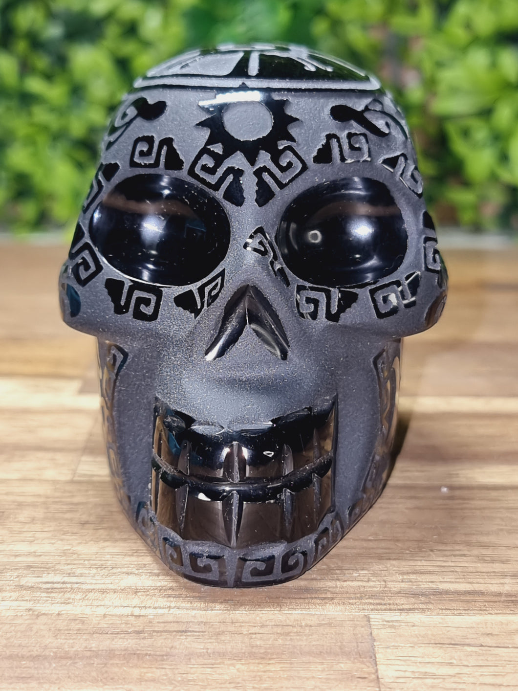 Black Obsidian Aztec Etched Carving Skull
