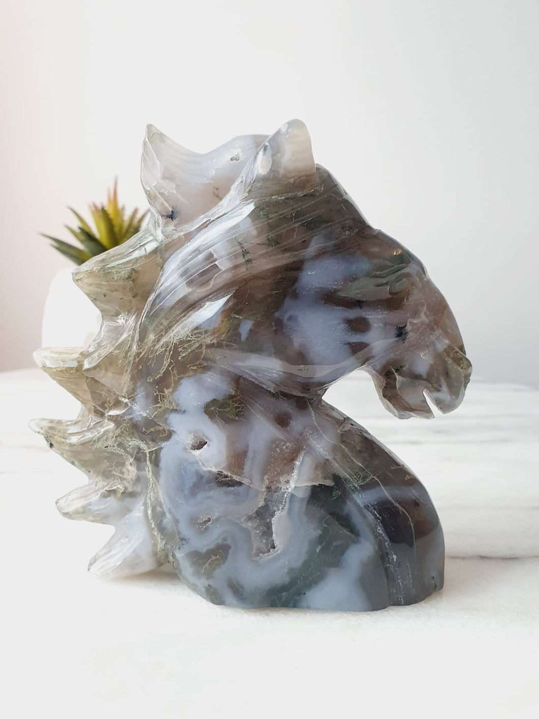 Moss Agate Horse Carving