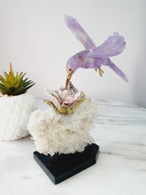 Load image into Gallery viewer, Peruvian Amethyst Hummingbird on a Cluster Quartz Base
