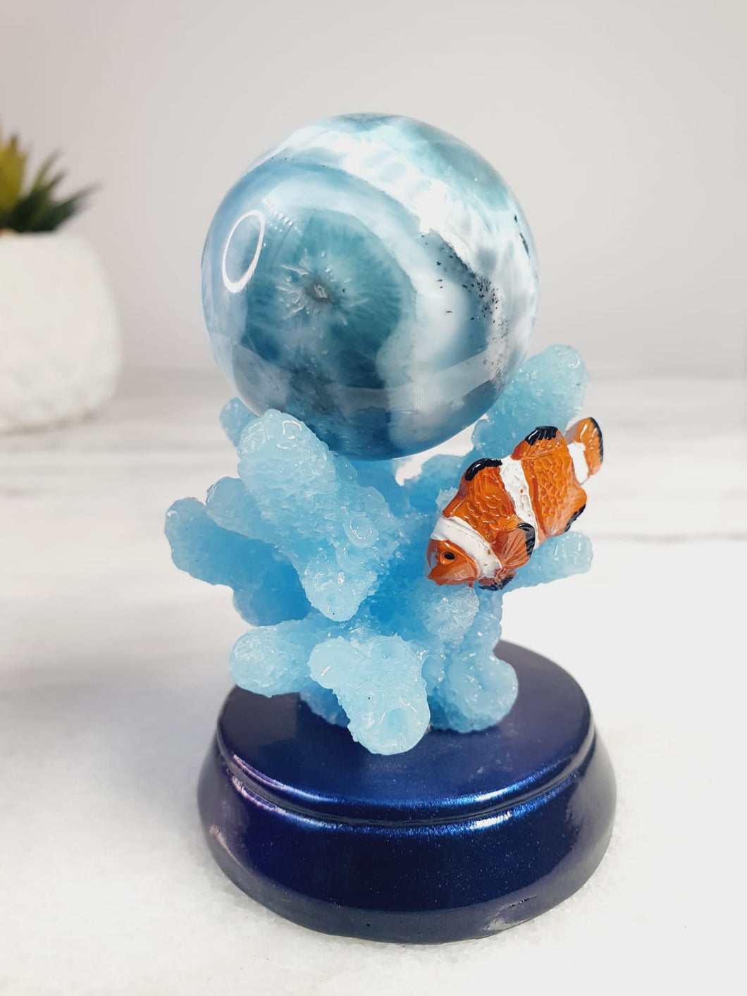 Dominican Republic larimar Sphere With Clown Fish Stand