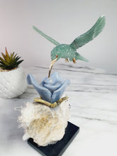 Load image into Gallery viewer, Green Jade Hummingbird on Cluster Quartz Base &amp; Angelite Flower with Serpantine Leaves
