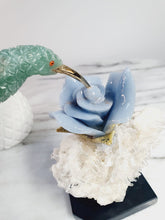 Load image into Gallery viewer, Green Jade Hummingbird on Cluster Quartz Base &amp; Angelite Flower with Serpantine Leaves
