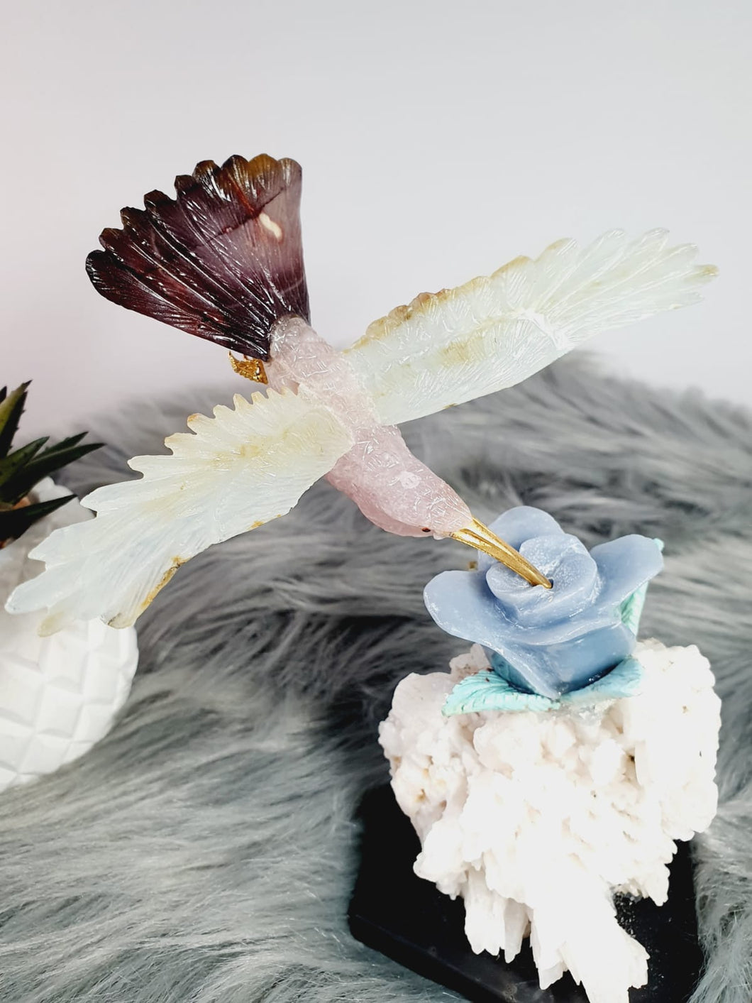 Peruvian Hand Carved Rose Quartz/ Blue Opal/ Mookaite Hummingbird on Angelite/ Turquoise Flower Stillbite Base